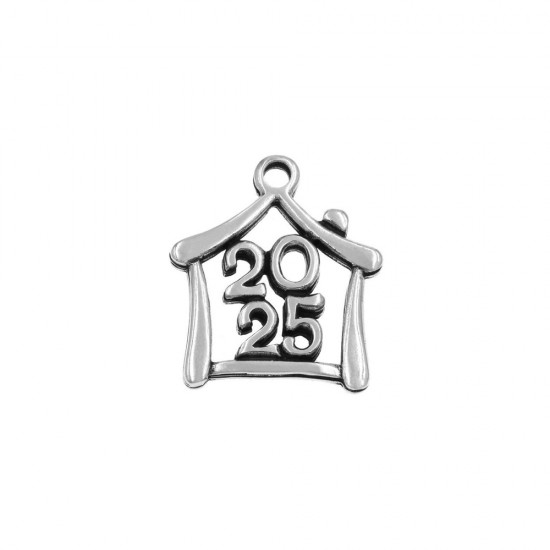 METALLIC PENDANT LUCKY CHARM HOUSE "2025" 19x23mm ANTIQUE SILVER PLATED