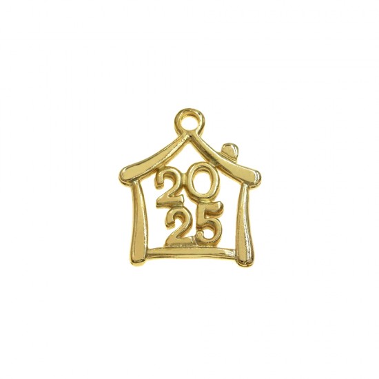 METALLIC PENDANT LUCKY CHARM HOUSE "2025" 19x23mm BRASS PLATED