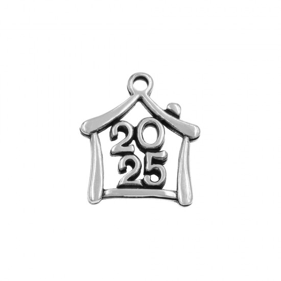 METALLIC PENDANT LUCKY CHARM HOUSE "2025" 27x32mm ANTIQUE SILVER PLATED