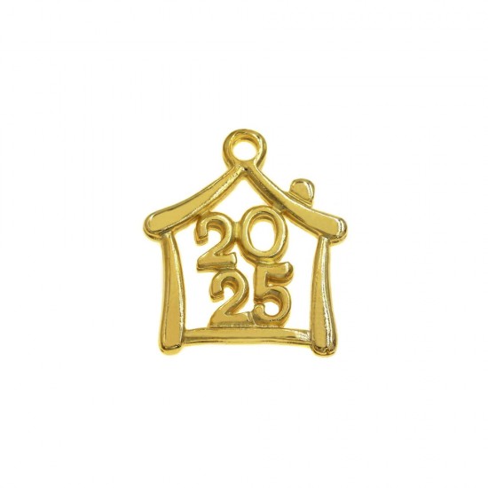 METALLIC PENDANT LUCKY CHARM HOUSE "2025" 27x32mm BRASS PLATED