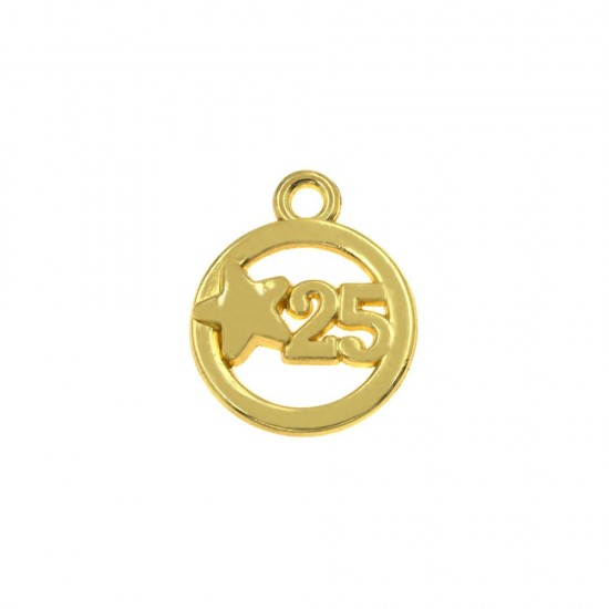 METALLIC PENDANT ROUND LUCKY CHARM "25" 16mm GOLD PLATED