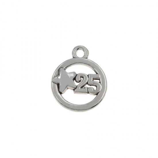 METALLIC PENDANT ROUND LUCKY CHARM "25" 16mm AMTIQUE SILVER PLATED