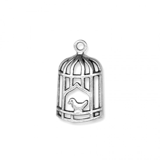 METALLIC CHARM BIRD IN CAGE 13x26mm SILVER PLATED